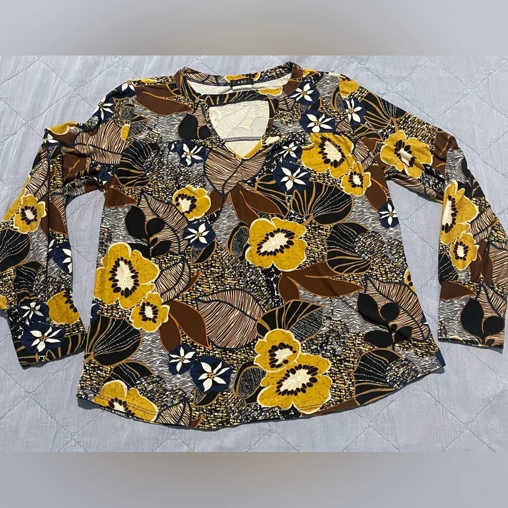 K&C Floral Keyhole Neck Long Sleeve Blouse - Mustard/Navy/Brown - Size Medium - Picture 5 of 8